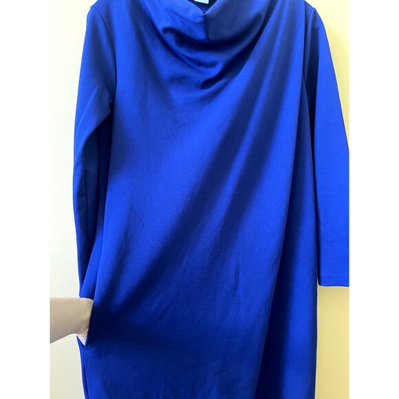 Joan Vass Cobalt Blue Drape Long Sleeve Asymmetrical Knit Dress Size Small - Picture 6 of 7